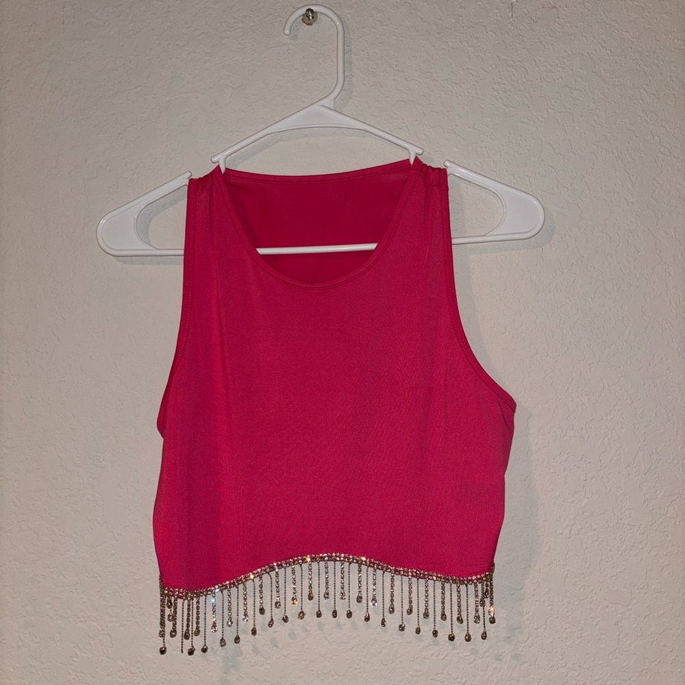 Pink Sleeveless Top with Beaded Fringe